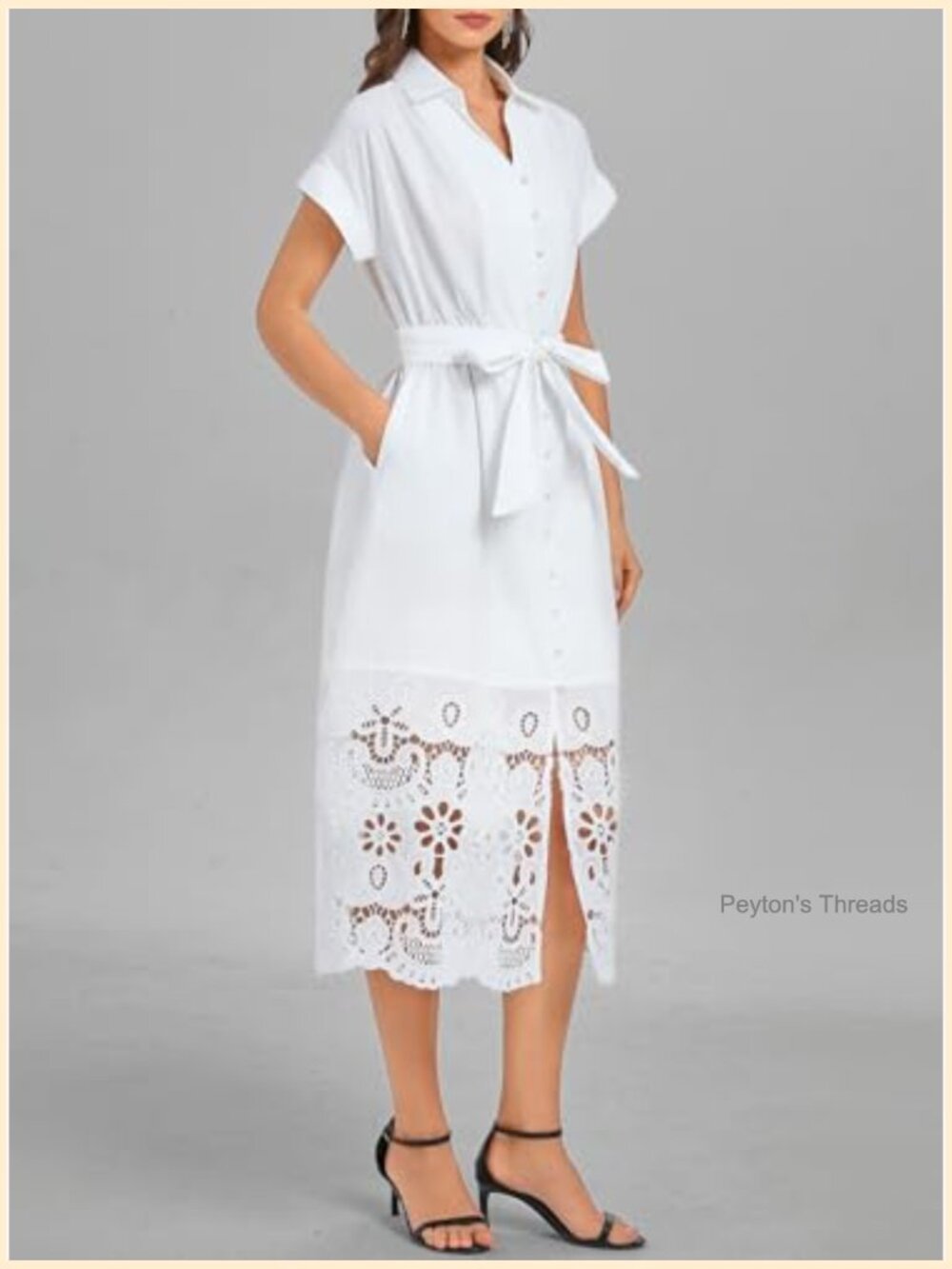 Button Down Shirt Dress Belted Short Sleeve Midi A-Line Business Dress - Picture 2 of 7
